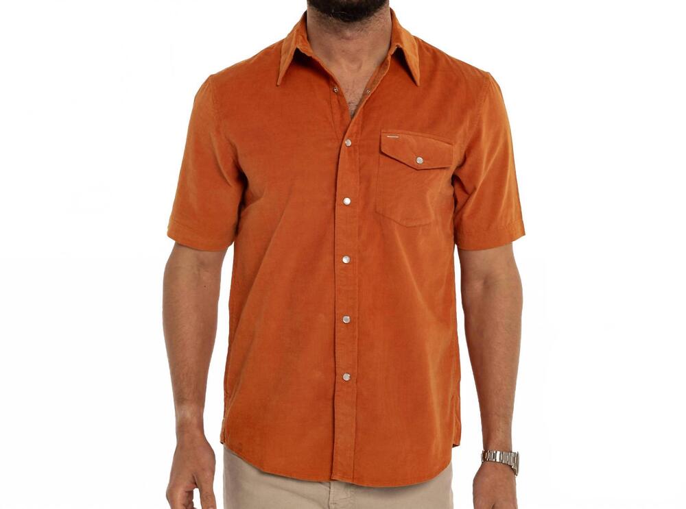 NEW CRIQUET men's short sleeve corduroy pearl snap shirt in burnt orange